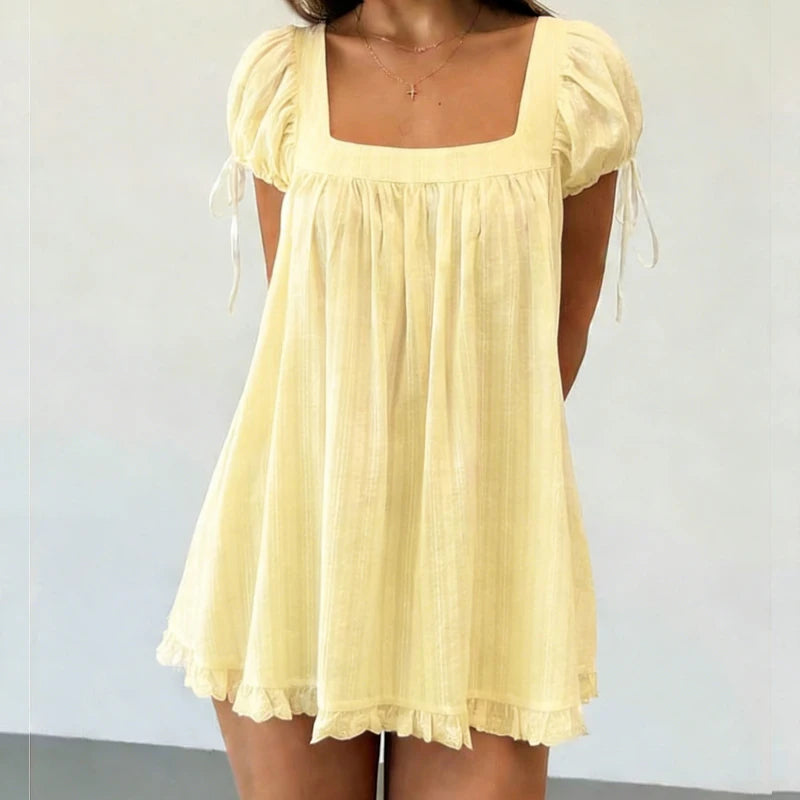Bohemian Puff Sleeve Maternity Dress Women Square Neck A-line Mini Ruffled Dresses Fairy Vintage Loose Fit Flowy Short Dress