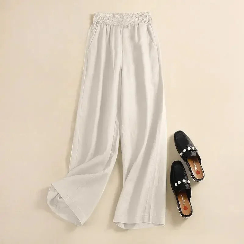 Women's Pants Summer Cotton Linen Wide-legged Elastic Waist Tie Casual Pants Loose Versatile High-waisted Straight Trousers