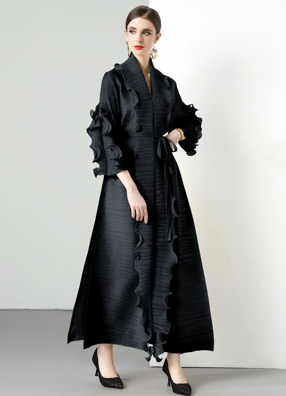 2024 Miyake Ruffled Early Spring and Autumn New Long Sleeve Ruffled High Elastic Dress V-neck Long Sleeve Women's Dress