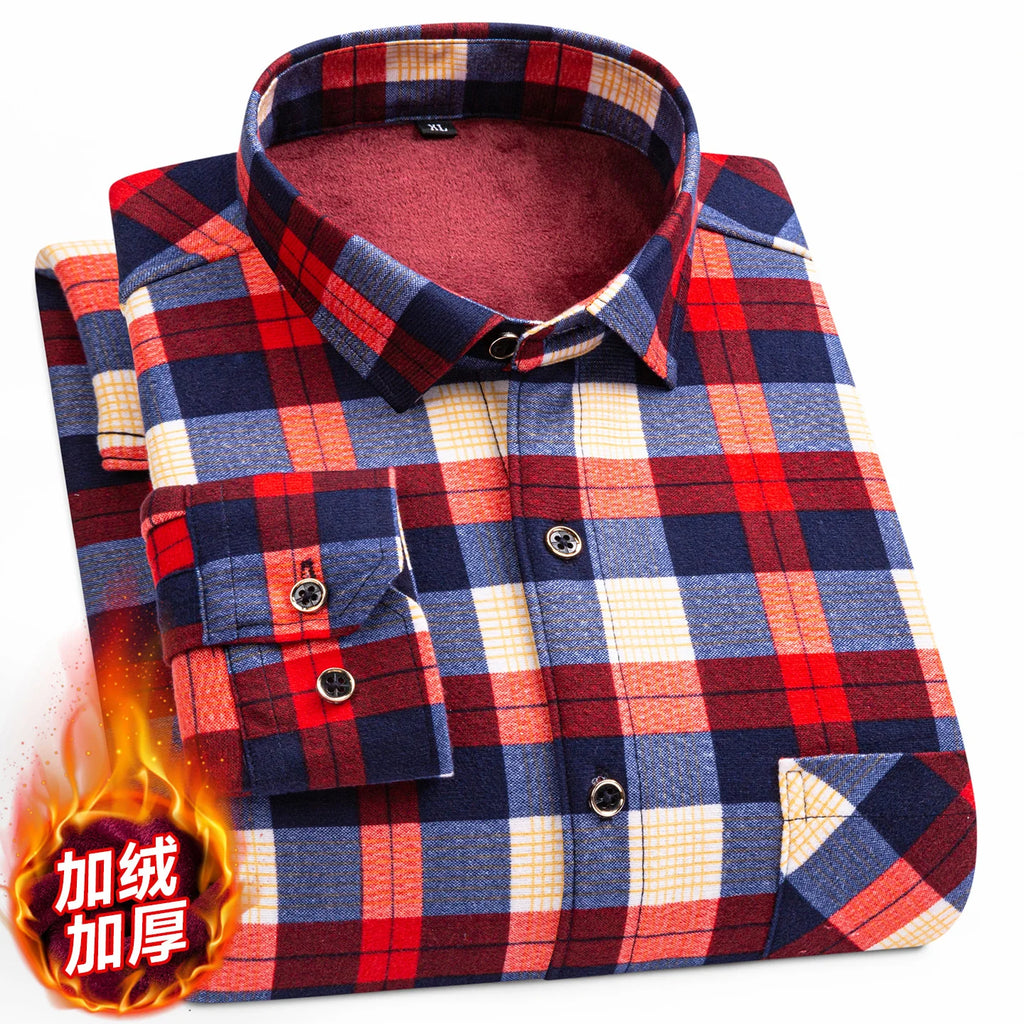 Men's Long Sleeved Shirt With Fleece Lined Winter Thickened Flannel Casual Plaid Stripe Daily Slim Man Clothes Plus Size 8XL 7XL