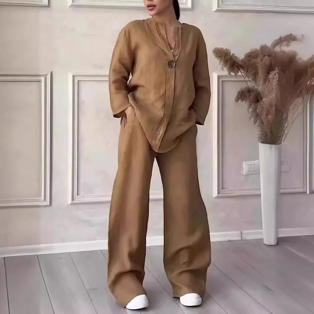 Fashion Solid 2 Piece Pant Sets Women Spring Autumn Buttons V-neck Long Sleeve T Shirt Wide Legs Trousers Two Piece Set Female