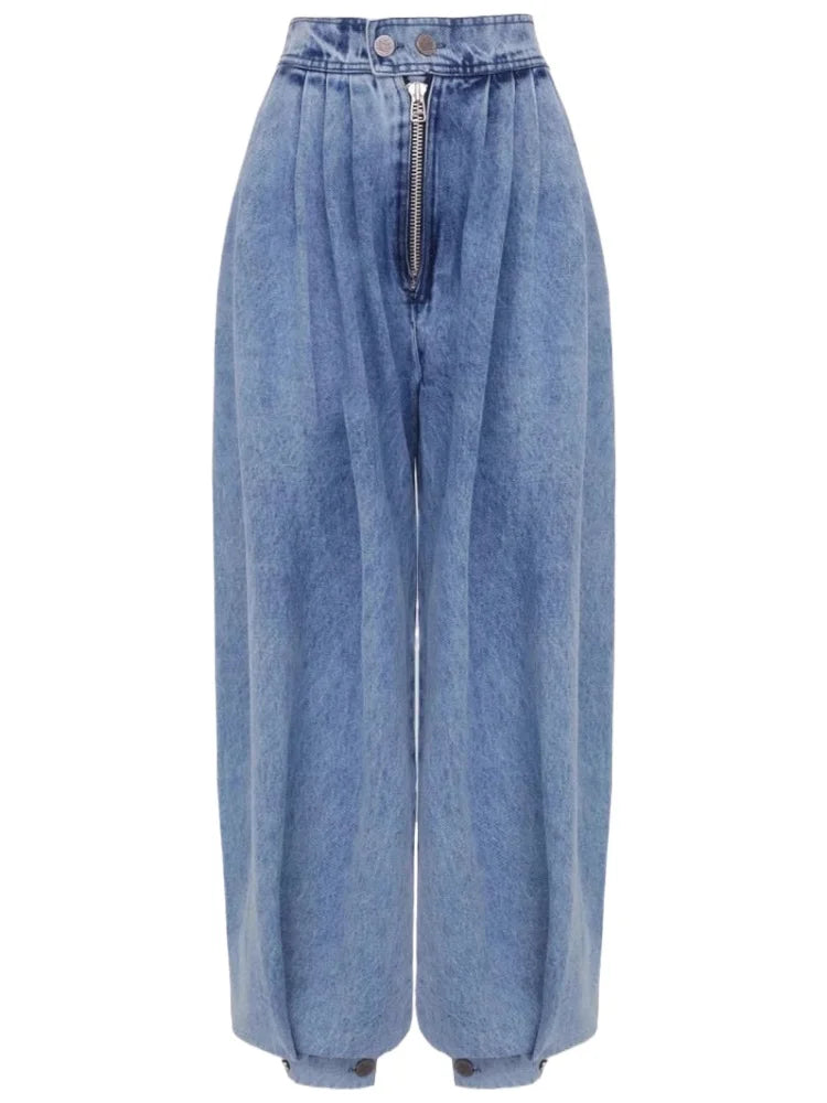 HOUZHOU Vintage Blue Jeans Women Casual Baggy High Wiast Zipper Denim Trousers Grunge Retro Femal Wide Leg Washed Balloon Pants