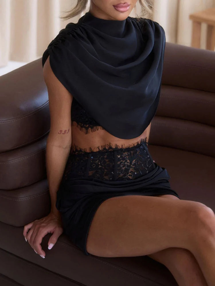 Mock Neck Lace Lined Crop Top Ruched Mini Skirt Two Piece Set Corset High Waist Suit Women Sexy Nightclub Party Outfit 2026 New