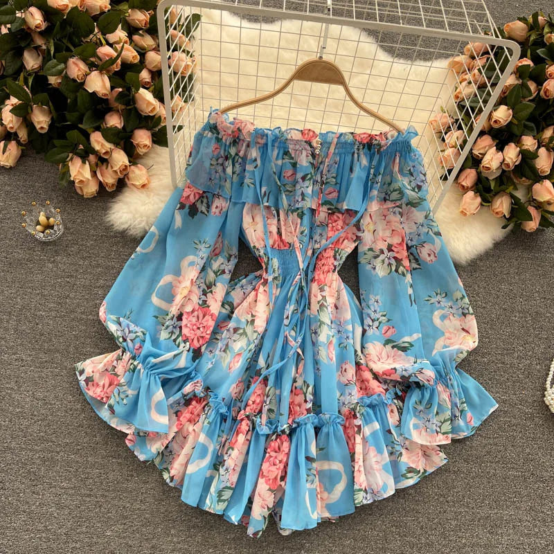 2025 New Retro Summer Beach Vacation Dress Women Sexy Strapless Lantern Sleeve Sweet Floral Jumpsuit Short Chiffon Print Dresses