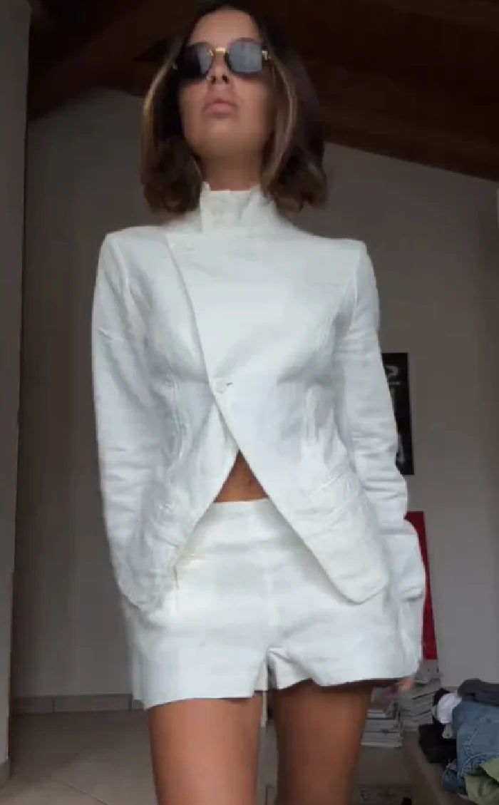 2026 New Women's 2 Piece Set High Neck Long Sleeve Twisted Cut Out Top + Shorts Suit Elegant Casual Office Streetwear Outfit