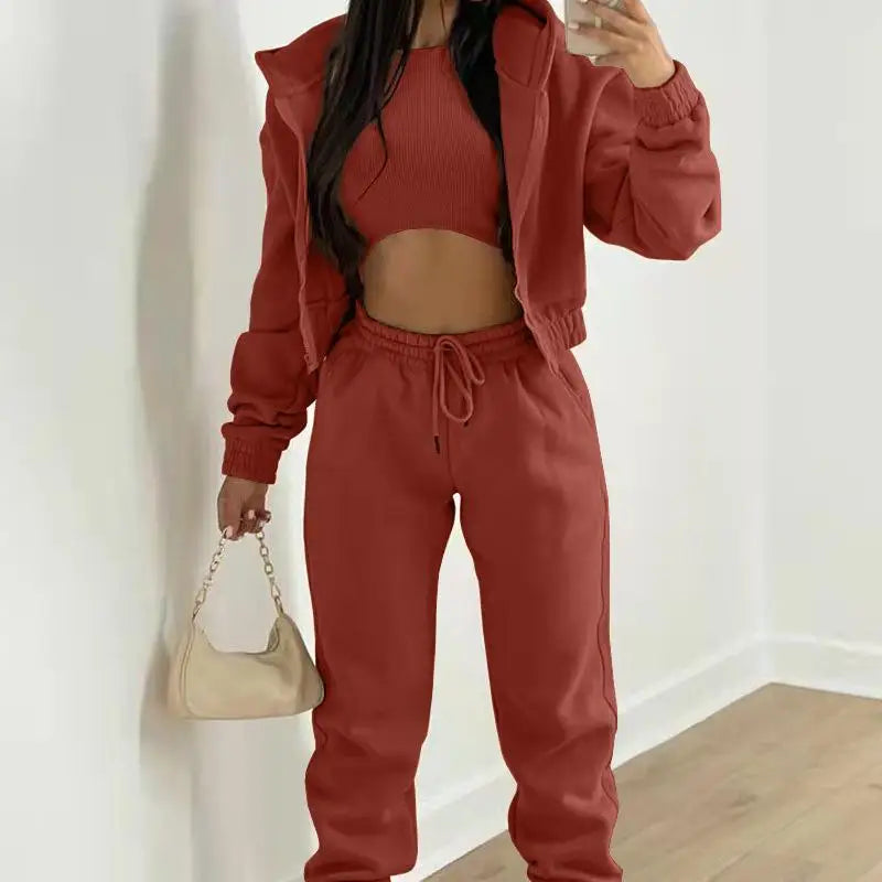 Ladies Tracksuit Zippered Hooded Jogger Tracksuit Thermal Lined Trousers Tracksuit Fashionable Athleisure Cozy Ensemble