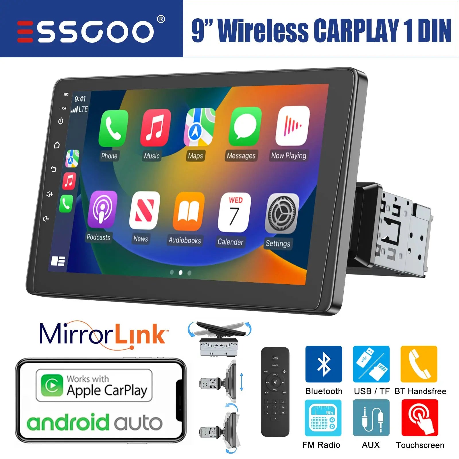 ESSGOO 9" Single DIN Wireless CarPlay Android Auto Car Stereo Player Radio IPS Screen FM BT Handsfree USB AUX TF SWC Mirror Link
