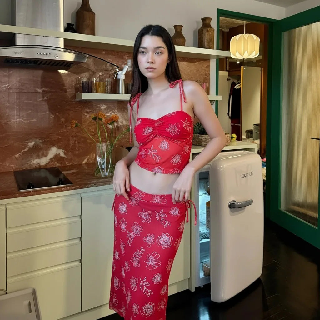 Retro Style Floral Embroidery Three Piece Swimsuit Slim Long Suspender Dress Women Holiday Beach Vacation Cover Up Bikini Outfit