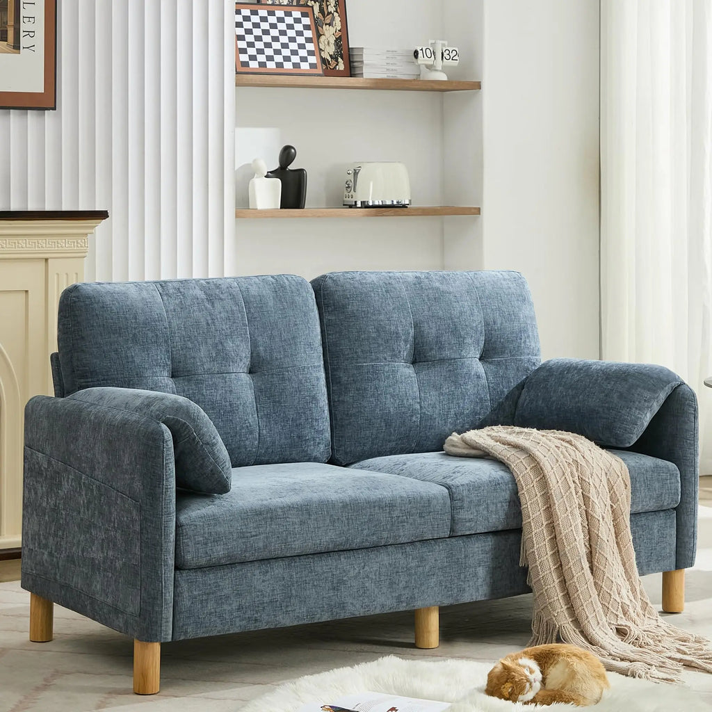 65 Inch Beige Chenille Mid Century Modern Loveseat Sofa with Padded Arms and Storage Pockets for Living Room