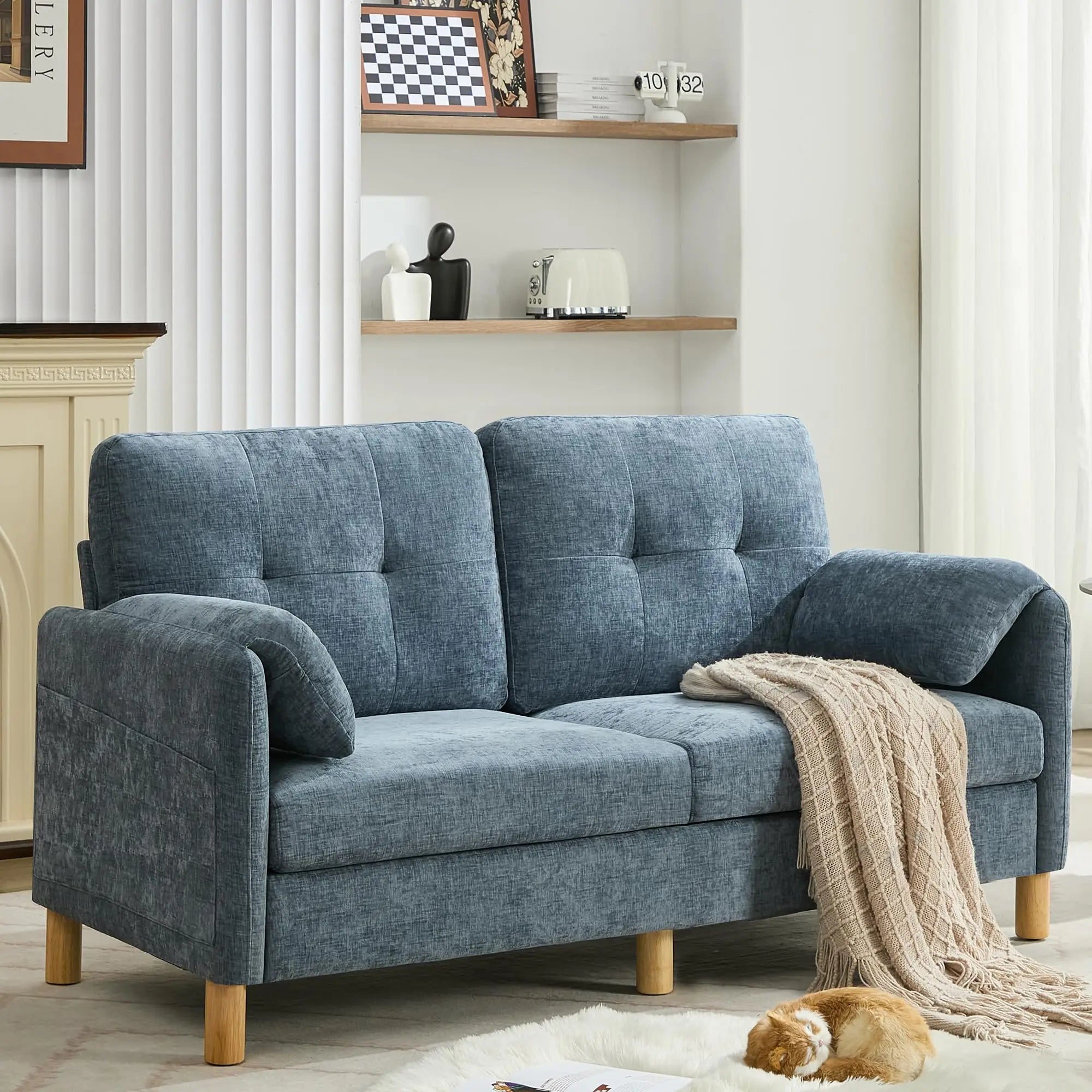 65 Inch Beige Chenille Mid Century Modern Loveseat Sofa with Padded Arms and Storage Pockets for Living Room