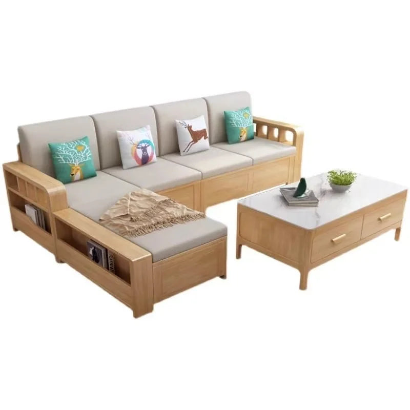 *Living Room Nordic Log Wood Storage Corner Sofa Winter  Summer Dual Use Fabric Wooden Sofa Combination