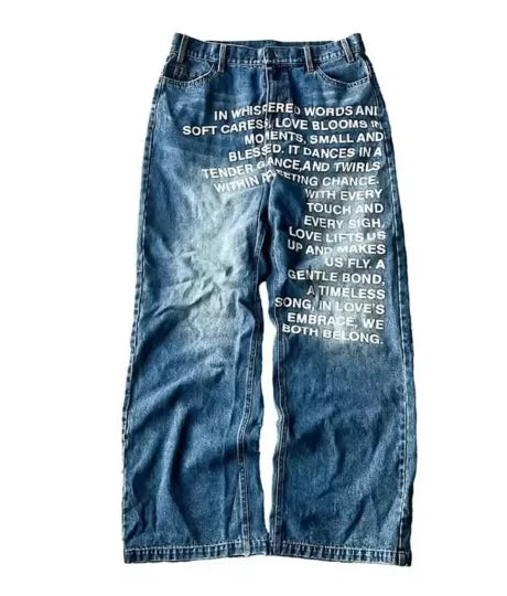 Trendy Jeans American Fashion High Street Trousers Letter Printed Pattern Wide Leg Y2K Men's Retro Gothic Casual Pants
