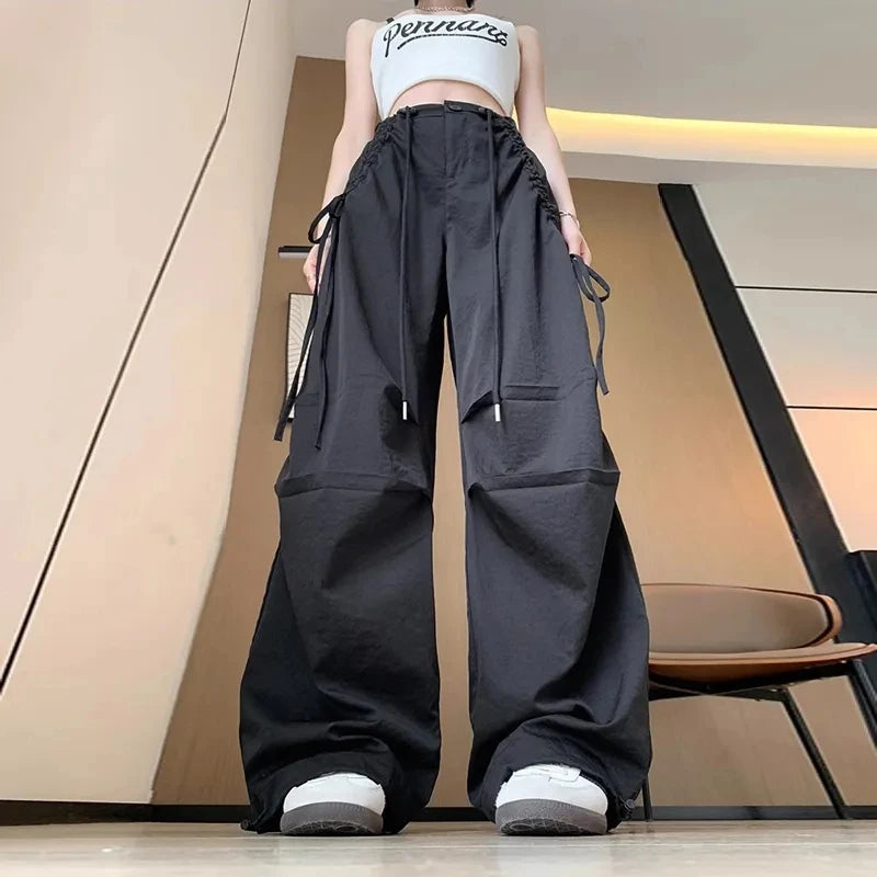 2026 Spring Summer New Women Pants Drawstring High Waisted Female Wide Leg Trousers Casual Vintage Korean Ladies Slim Work Pants