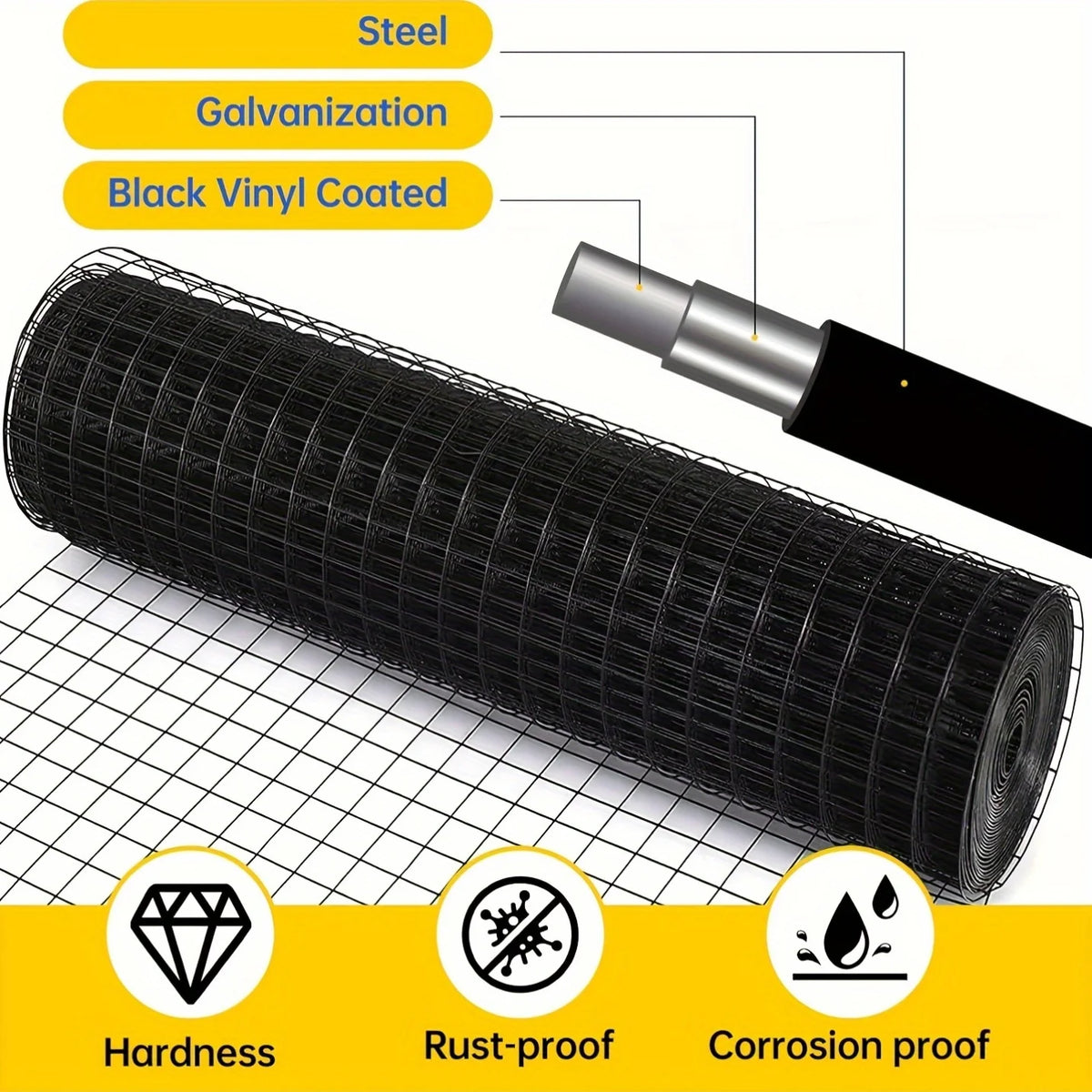 Black PVC Coated Welded Wire Fence 36 Inch X 50 Foot, 2 Inch X 4 Inch 14GA, Garden Border Fencing Roll Vinyl Coating Metal