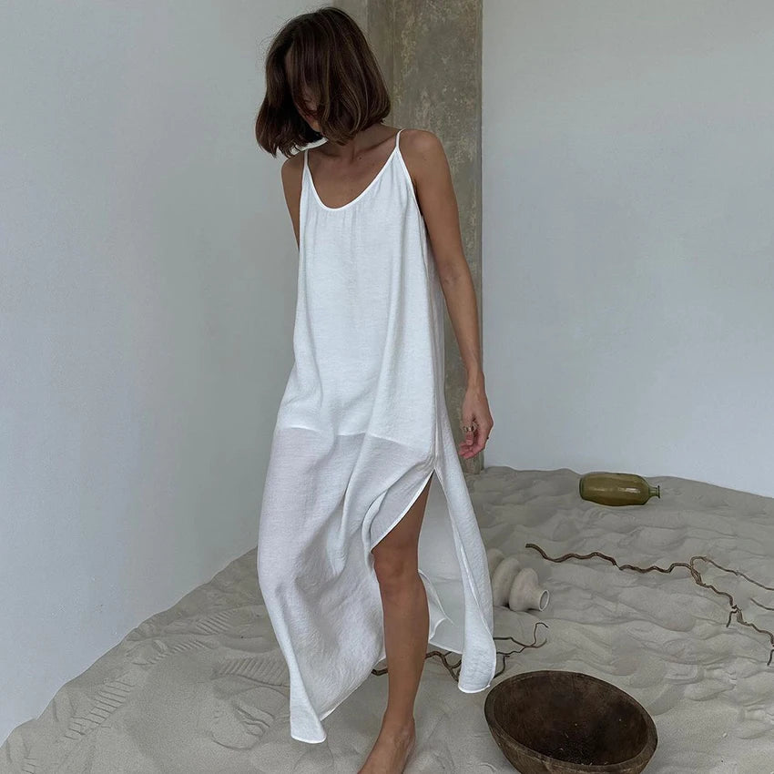 Linad Summer Casual White Long Dress Sexy Loose Backless Split Dresses Woman Street Chic V Neck Straight Dress For Women 2025