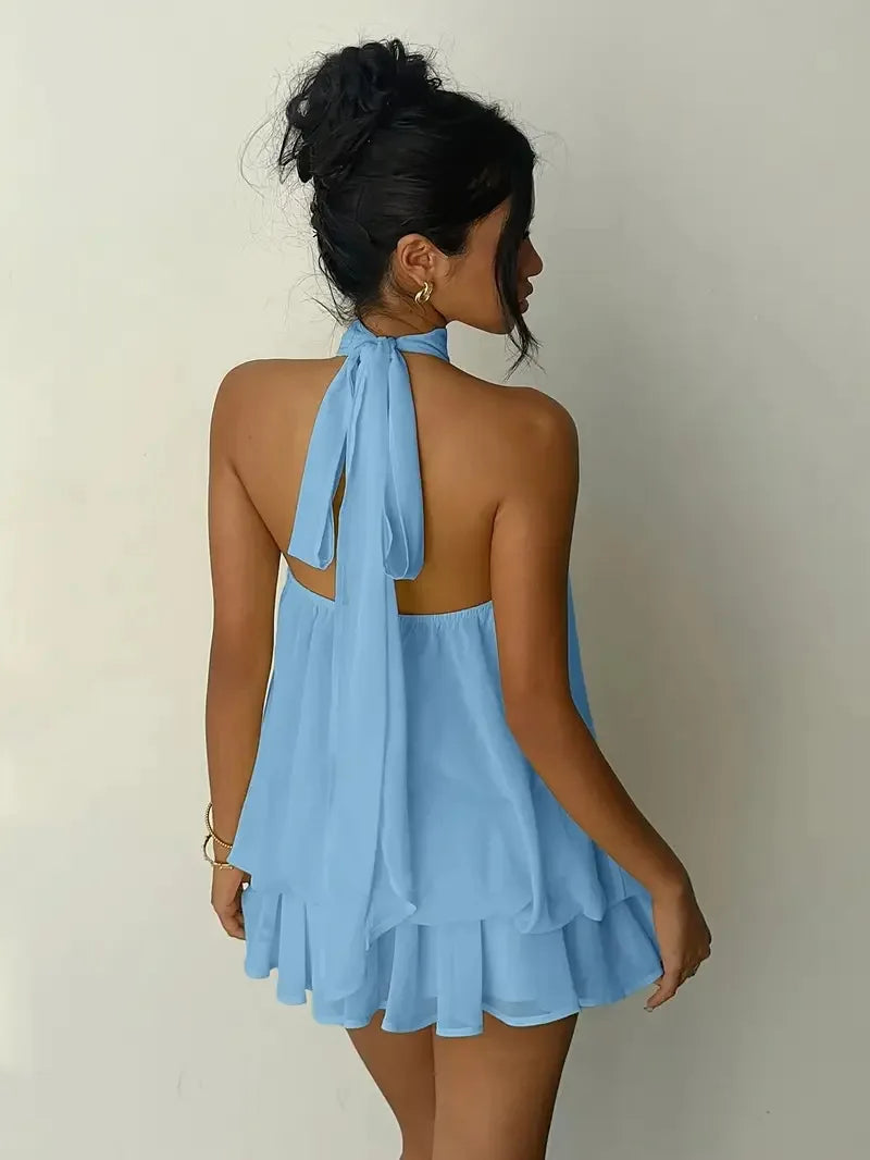 Women Halter Neck Backless Tie Mini Dress Summer Sleeveless Chiffon Ruffle Short Dresses Sexy Club Party Beach Vacation Outfit