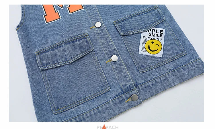 Korean Kids Vintage Hoodies Denim Vest For Girls Casual Streetwear Clothing Teens Child Hooded Denim Waistcoat Jacket Outfits