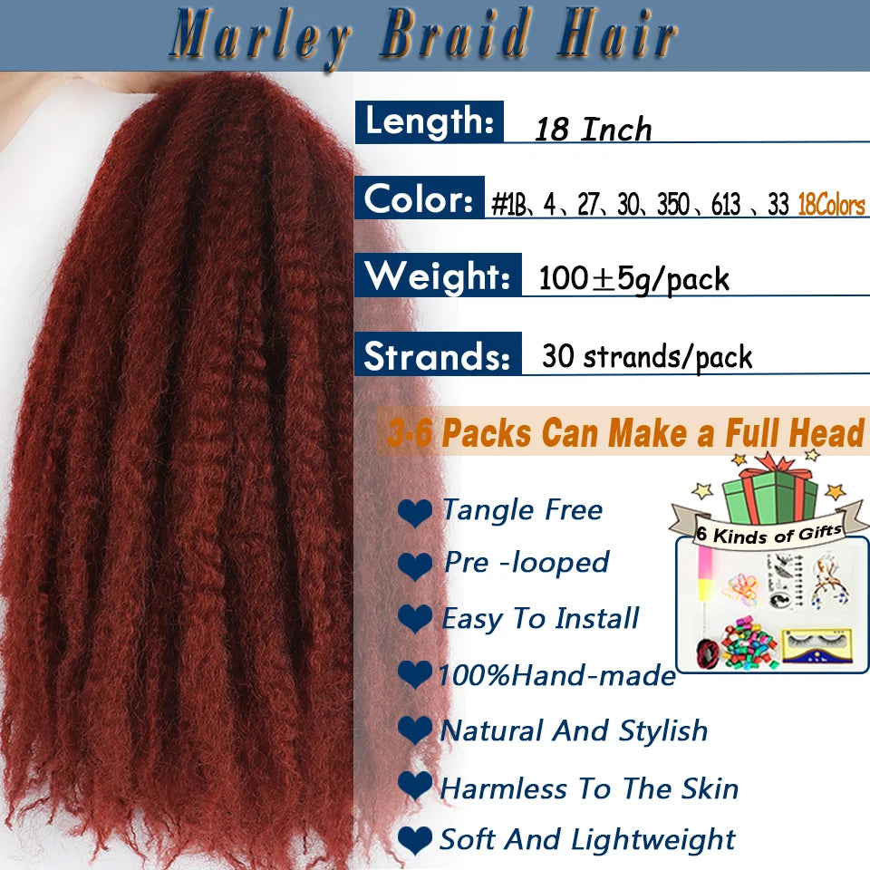Marley Twist Braiding Hair Pre Stretched 1- 6 Packs Ombre Afro Kinky Curly Crochet Hair for Faux Locs Jumbo Marley Twists Hair