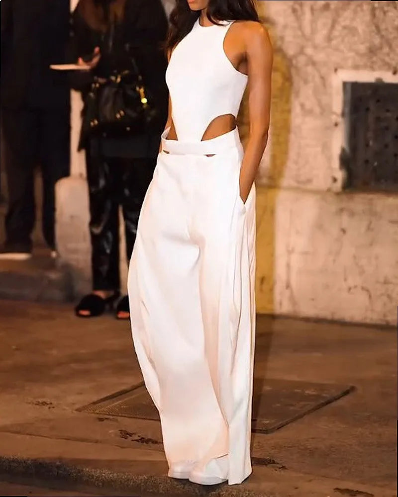 Women's Solid Color Sleeveless Hollow Out High Waist Wide Leg Jumpsuit Overall Playsuit