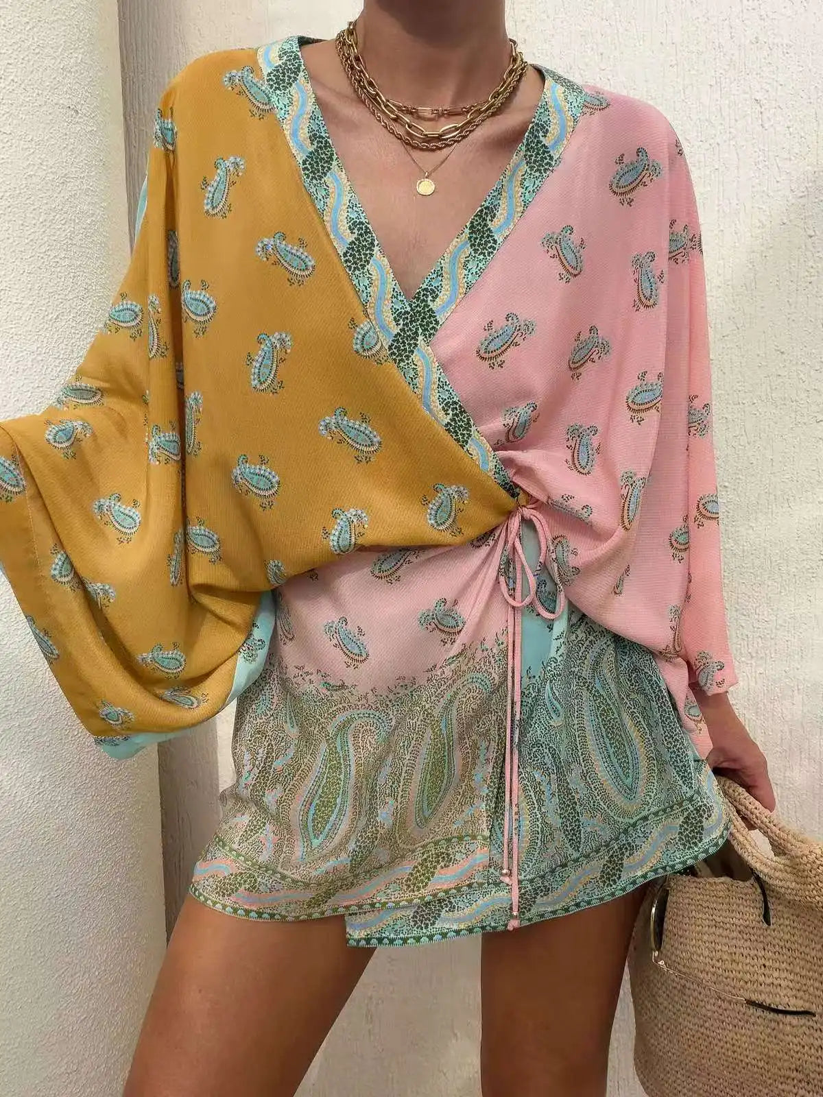 Women Bohemian Wrap Dress, V Neck Lantern Sleeve Paisley Print Tie Waist Mini Dress For Beach Travel Vacation`