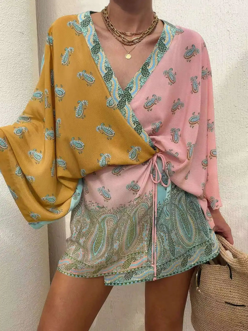 Women Bohemian Wrap Dress, V Neck Lantern Sleeve Paisley Print Tie Waist Mini Dress For Beach Travel Vacation`