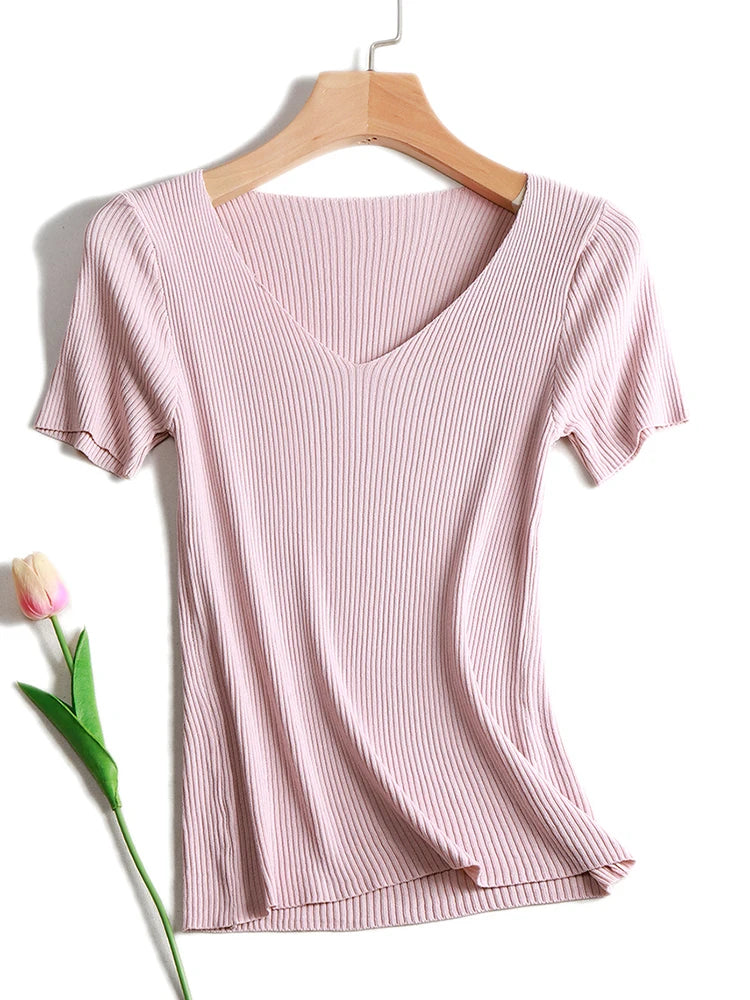 Pullover knitted Short Sleeve knitted Sweater Women Spring Summer Slim Basic Solid Casual Base Female knitting shirts 2024 Korea