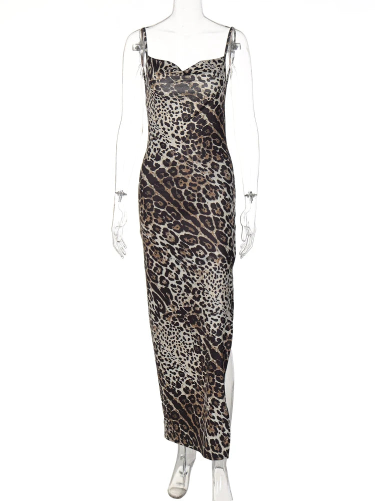 Hugcitar Leopard Print Swing Collar Sleeveless Sexy Maxi Slit Prom Dress Summer Women Fashion Y2K Clothes Party Beach Vacation