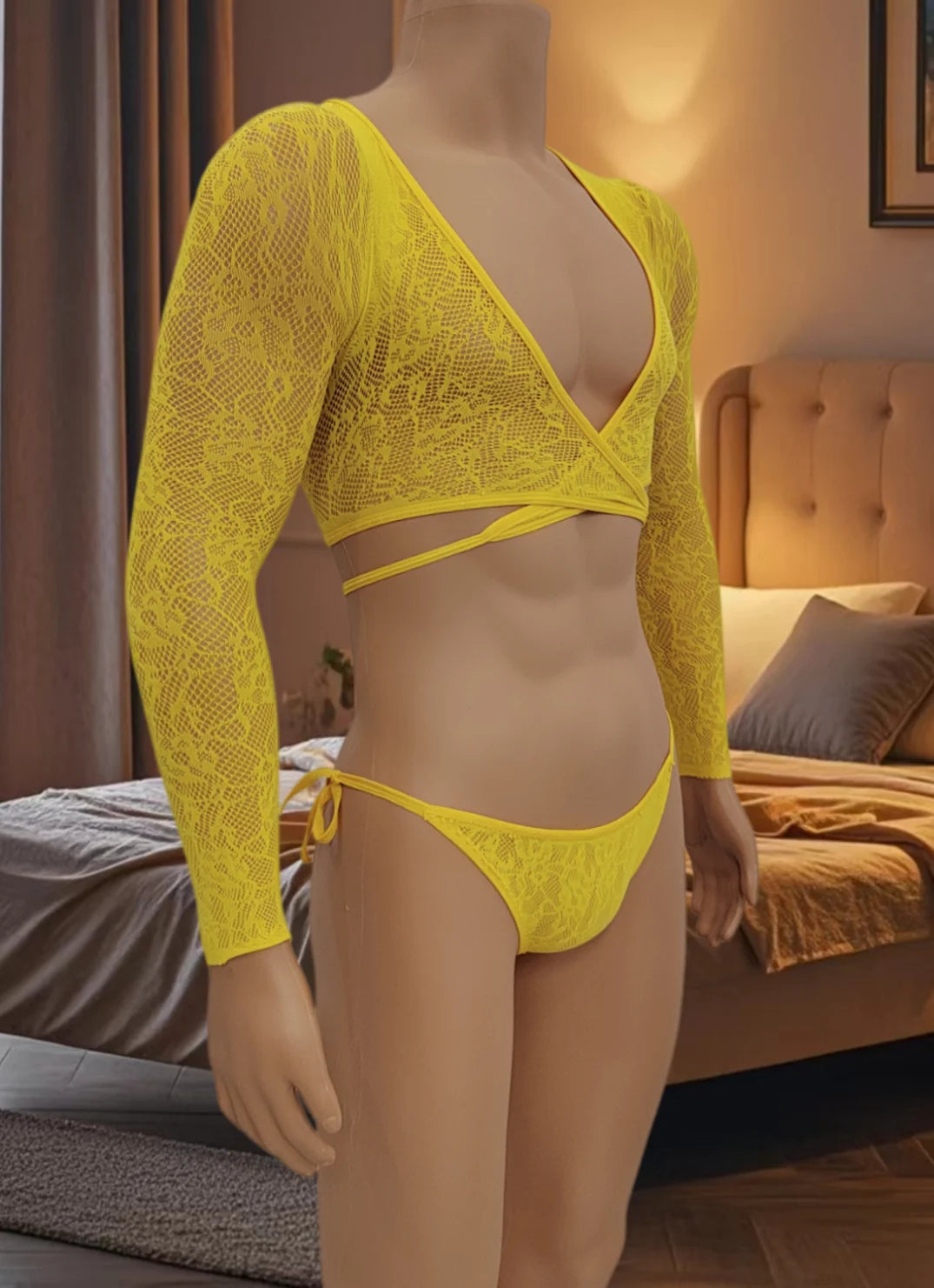 Men Hollow Out Fishnet Lingerie 2Pcs Set Multi Color See Through Mesh Halter Crop Top Briefs Sexy Sleepwear For Club Honeymoon