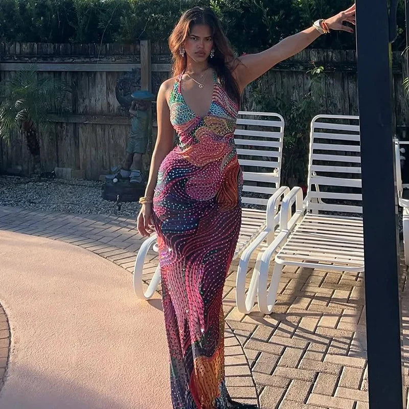 Colorful Print Bodycon Maxi Party Dress Women Fashion Sexy Deep V Neck Sleeveless Halter Backless Slim Party Long Robe Vestidos