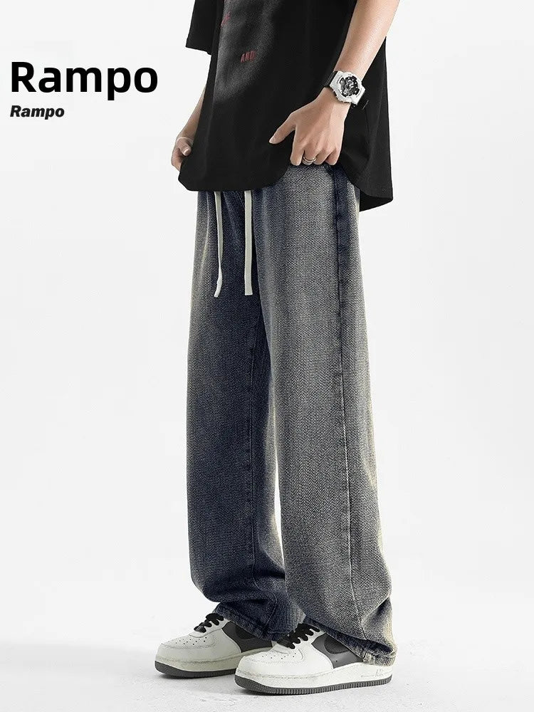 American Retro Dstring Jeans Loose Straight Casual Pants High Street Vibe Wide Leg Summer New Sle for Men Youth Faion