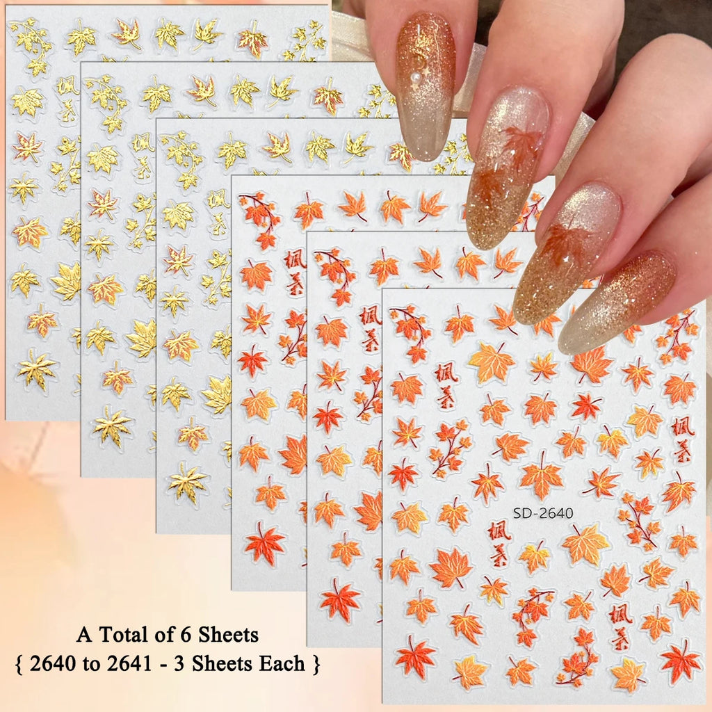 3 to 30 Sheets Autumn Maple Leaves Nail Stickers 5D Embossed Gold Foil Fall Leaf for Nails, Self-Adhesive DIY Manicure Art