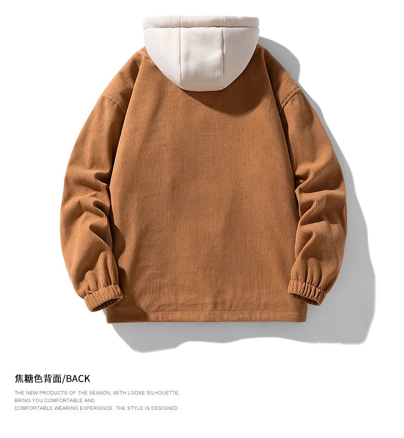 2025 New Corduroy Jacket Men's Harajuku Japanese Windproof Warm Fake Two-piece Hooded Coat Womens Casual Loose Pocket Jacket 4XL