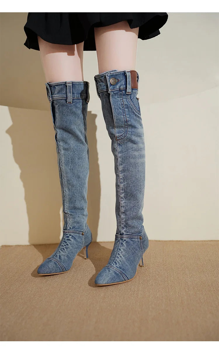 Denim Long Boots Women Knee Boots New 2025 Autumn Winter High Heels Retro Western Hot Girl Cowboy Boots Lady Modern Boot Botas