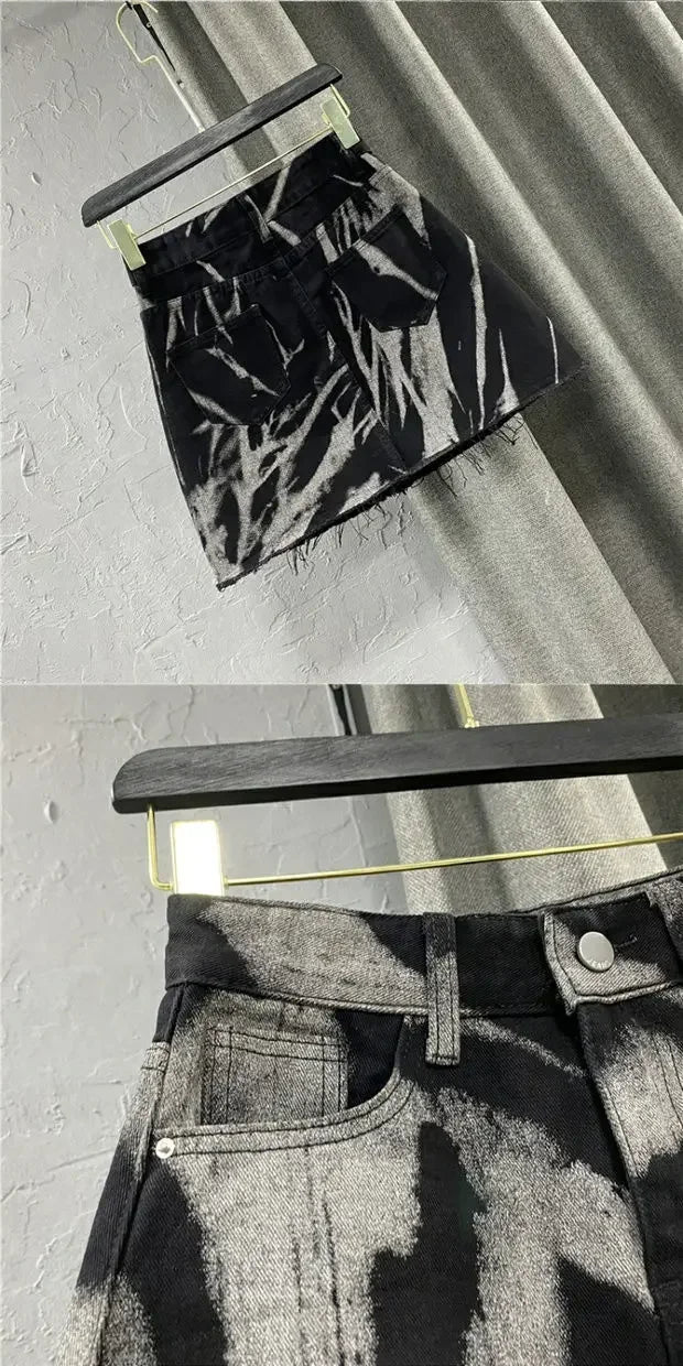 DAILOU Spring and Summer New Korean Spicy Girl Irregular Tie Dyeing High Waist Straight A-line Hairy Denim Wrapped Hip Shorts