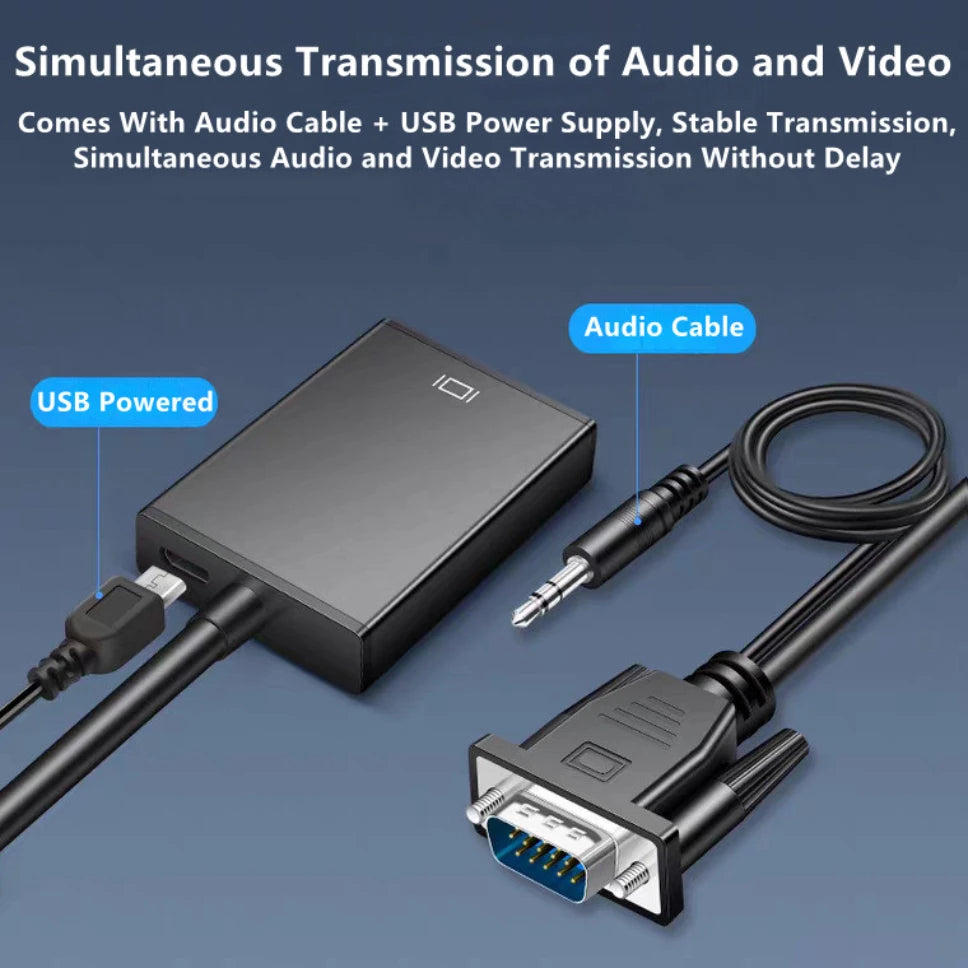 HD 1080P VGA to HDMI Adapter Cable With 3.5mm Audio Output + USB Powered VGA to HDMI Converter for PC Laptop to HDTV Projector