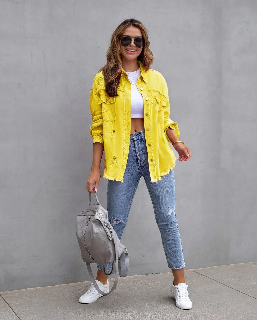 Women's Fashionable Solid Color Mid-Length Ripped Denim Jacket Long-Sleeved Spring Autumn Trend