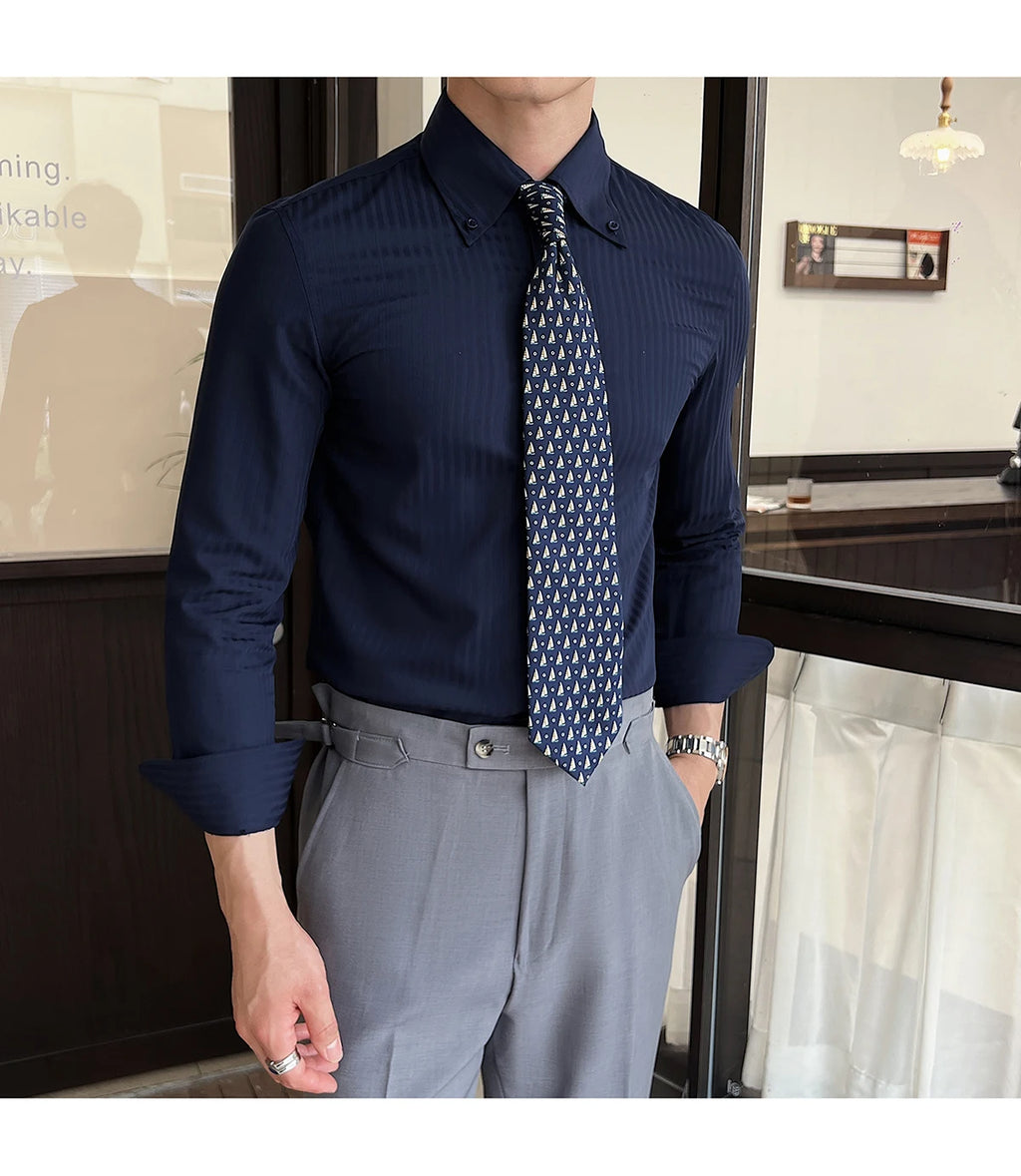 High-quality autumn men's new long-sleeve dark striped slim-fit shirt business casual formal workwear M-4XL