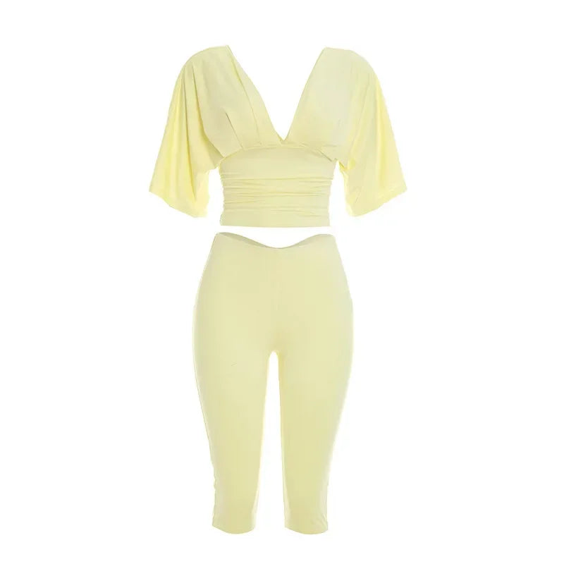 Women Sexy 2 Piece Pant Sets Summer Club Party Batwing Sleeve V Neck Crop Top Capri Pants Matching Set Beach Vacation Outfits
