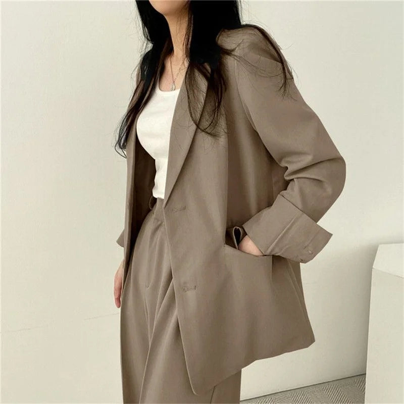 2026 Female Solid Color Blazer 2PCS Autumn Women Lapel Tops High Waist Outfit Korean Ladies Long Sleeves Suit Wide Leg Pants