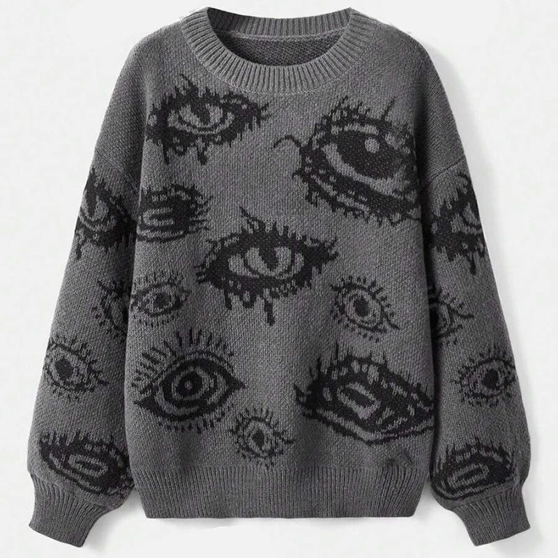 Y2K Eyes Crochet Knitted Sweaters Mens Vintage Crew Neck Long Sleeve Knit Jumper Top Men Spring Autumn Casual Loose Sweater Male