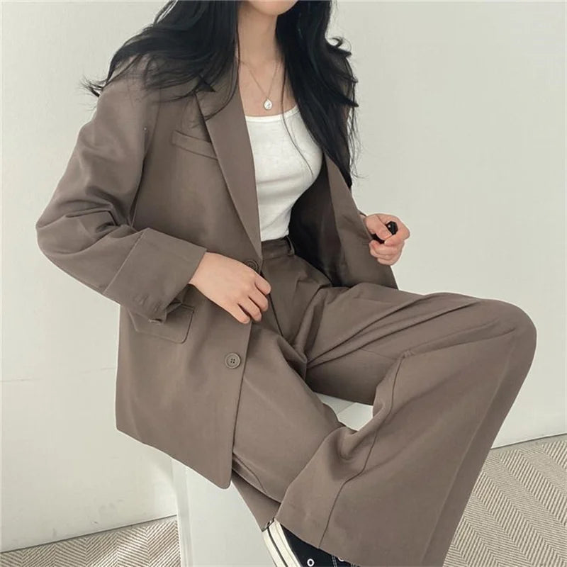 2026 Female Solid Color Blazer 2PCS Autumn Women Lapel Tops High Waist Outfit Korean Ladies Long Sleeves Suit Wide Leg Pants
