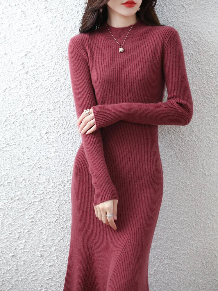 Cashmere Sweater Women's Knitted Dresses 100% Merino Wool O-Neck Elegant Party Dress Autumn Winter Female Pullover Casual Skirts