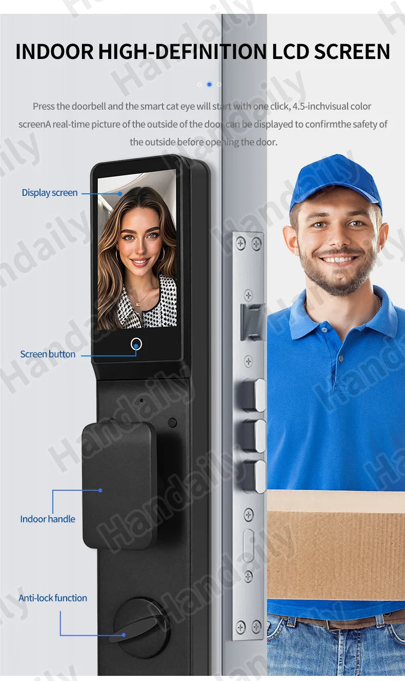 HanDaily Waterproof Smart Door Locks with Camera Video Intercom Palm Face Recognition Smart Lock Tuya Wifi App Remote Control