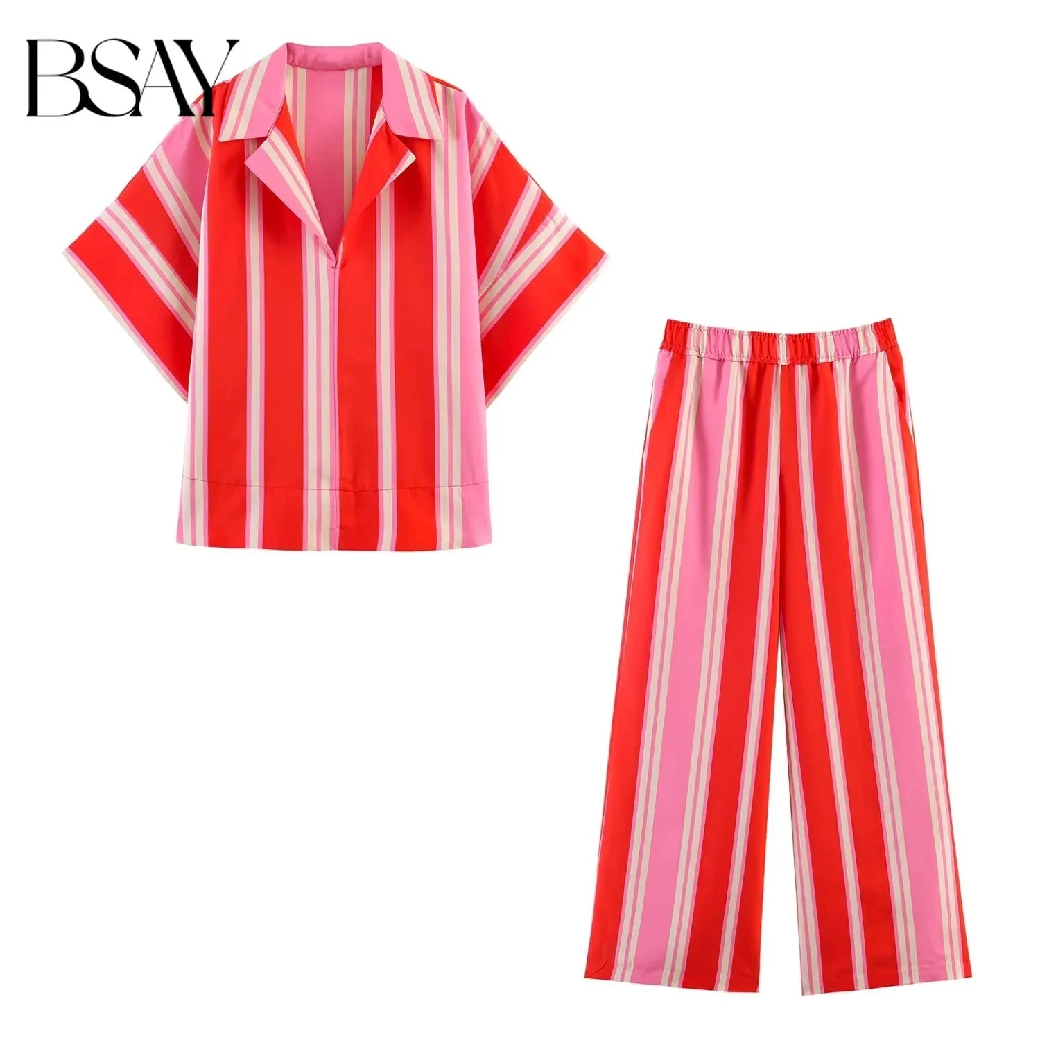 BSAY 2026 Women's Striped 2-Piece Outfit Short Sleeve Shirt Top + Elastic Waist Wide Leg Pants Set Casual Summer Matching Sets