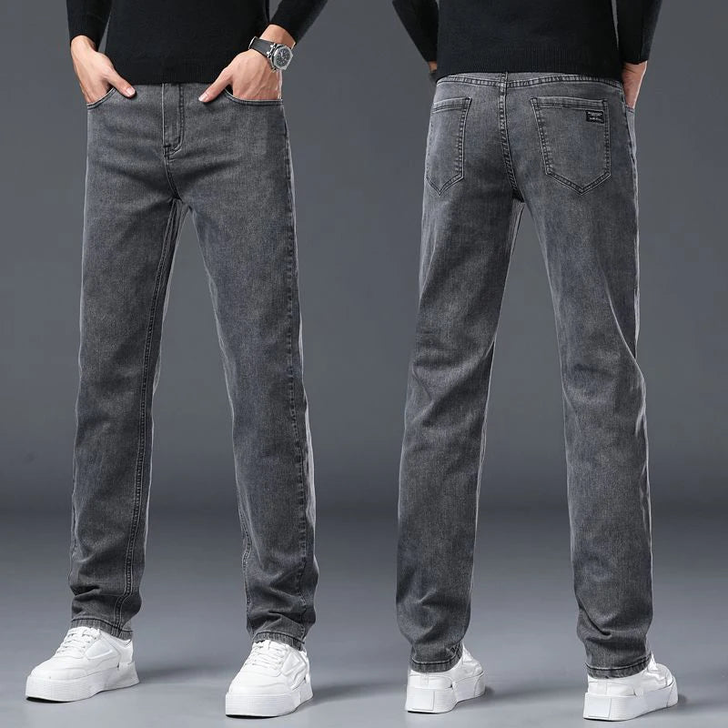 Men's Slim Jeans Korean Fashion Elastic Straight Casual Denim Pants Comfortable Work Male Spring Autumn Trousers Black Gray