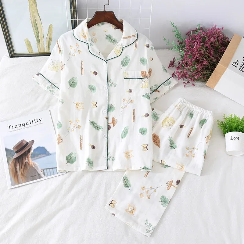 2026 Japanese new spring and summer short-sleeved trousers pajamas 2-piece set 100% cotton gauze flower cartoon home service set