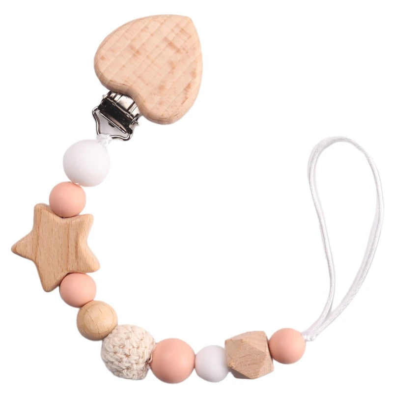 Baby Wood Crochet Round Bead Pacifier Chain Wooden Heart Dummy Holder Clip For Baby Teether Teething Chain Nursing Chew Toy Gift