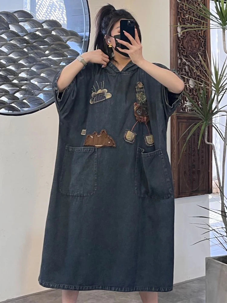 Amax LuluE 2026 Spring Korean Patchwork Hooded Denim Dress Womens Oversized Clothes Ladies Casual Vintage Classic Loose Vestidos
