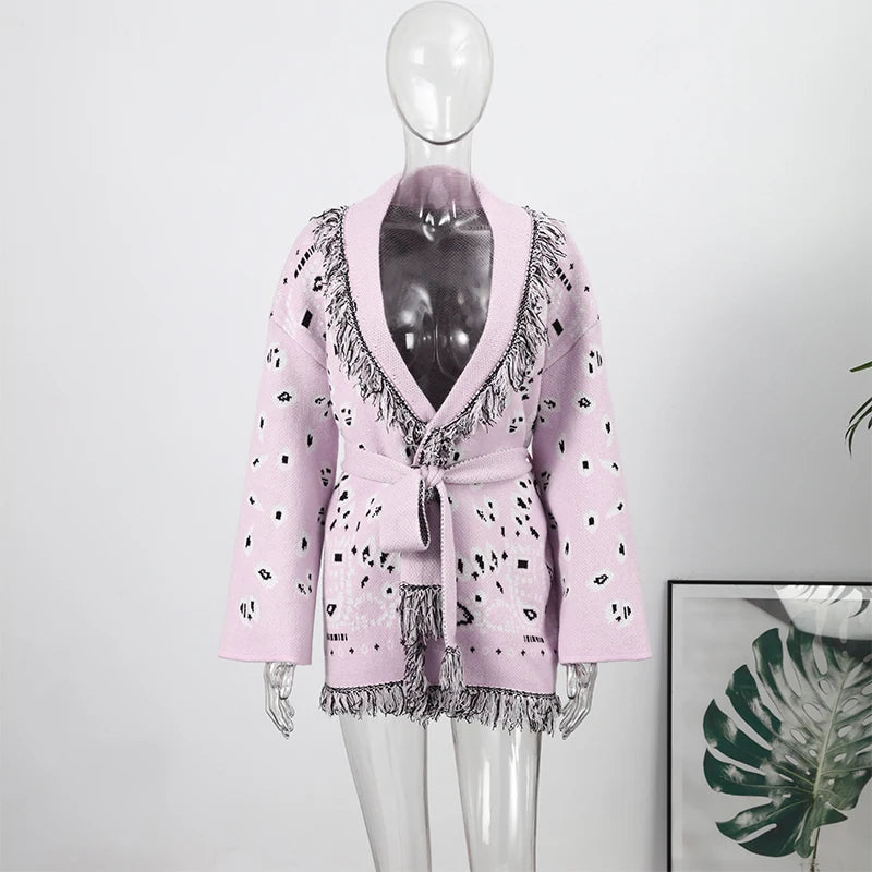Casual Print Tassel Cardigan Women Elegant Belt V-neck Long Sleeve Knitted Sweaters Female 2026 Autumn Winter Knitwears Lady
