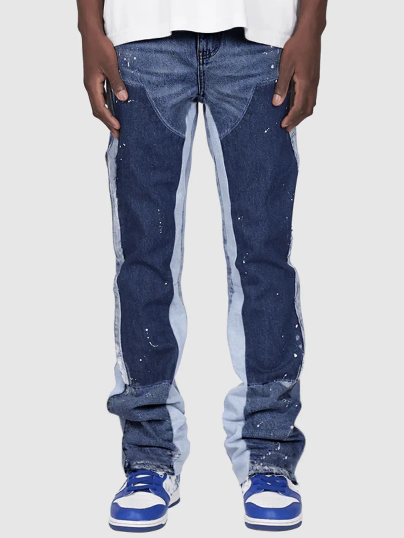 Mens Fashion Jeans Work Pants European American Style Workwear Elastic Patchwork Denim Layered Flared Pants S-XXL Streetwear